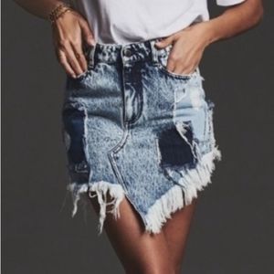 Retrofete Distressed Patchwork Light Blue Denim Mini Skirt